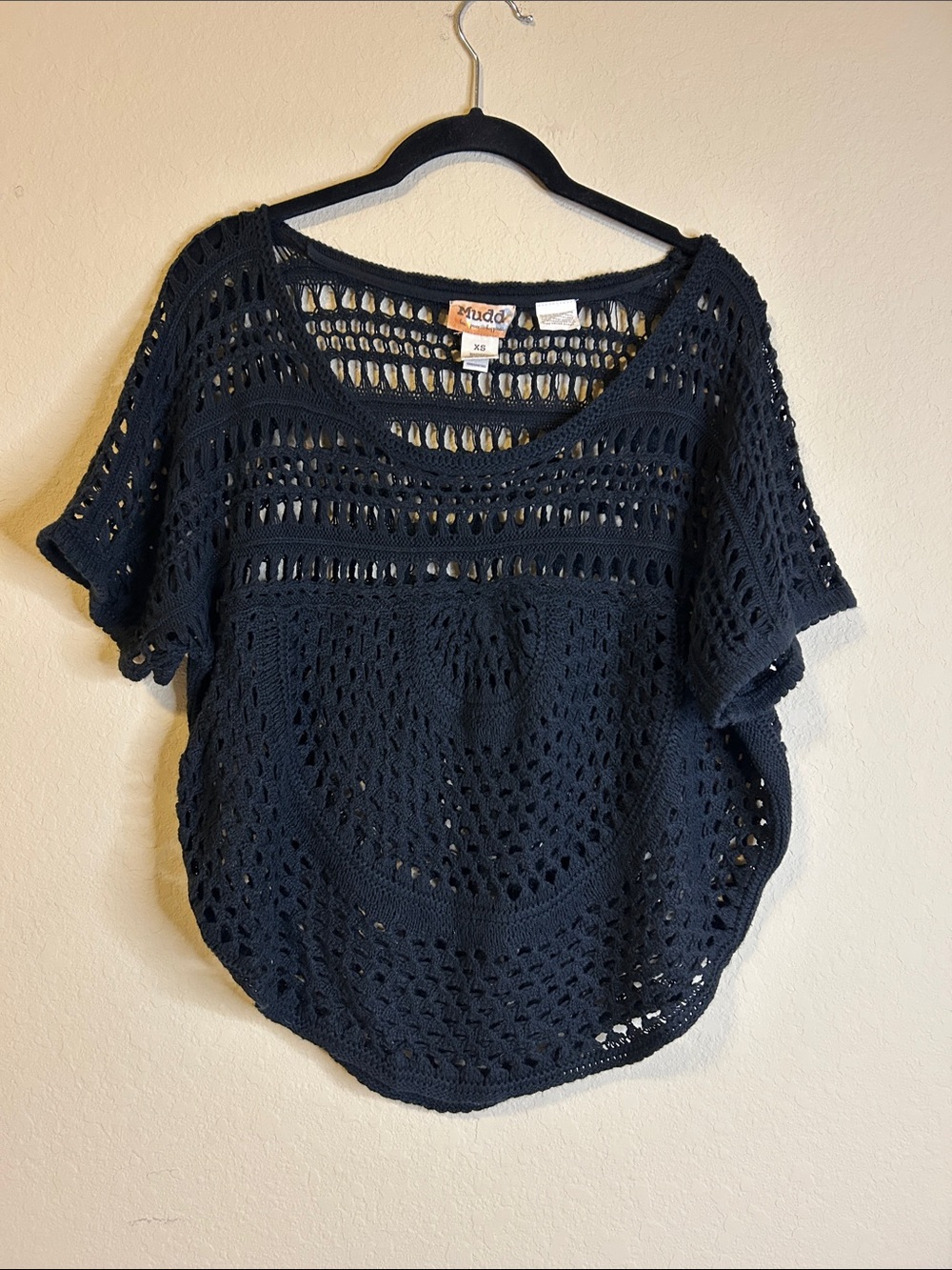 Vintage Mudd Black Crocheted Short-Sleeve Top Size XS